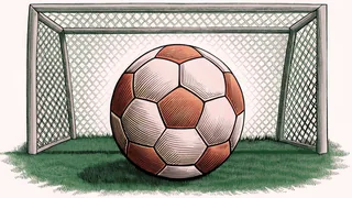 A soccer ball sits on green grass in front of a net and goal post.