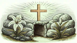 A sacred lily and cross positioned over an open stone sepulcher bathed in heavenly light.