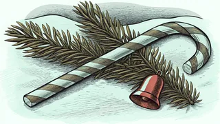A striped candy cane and a small red bell lie in the snow across a sprig of evergreen.
