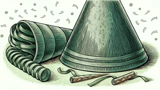 A tall cone-shaped party hat lies beside a curled party blower on a surface scattered with bits of confetti.