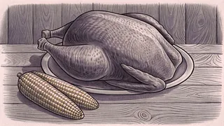A whole roast turkey rests on a round platter, with two ears of corn laid beside it on a wooden tabletop.