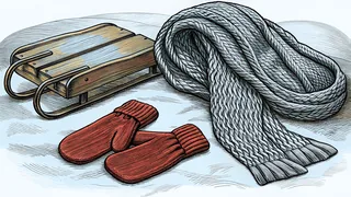 Red knitted mittens and a long cable-knit scarf lie on the snow in front of a small wooden sled.
