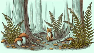 A fox pauses at a forest edge where mushrooms and fallen leaves decay among the ferns.