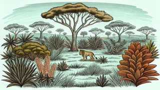 Natural ecosystem showing predators, prey, and diverse plant and animal life.