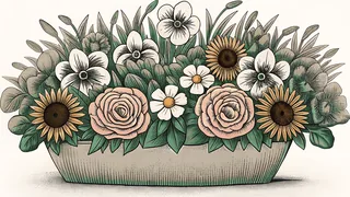A bouquet displays fragrant pansies, roses, and sunflowers in shades of purple and gold.