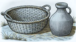 A woven reed basket and a rounded clay water jar resting on sunlit sand.