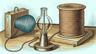 A round-bottomed flask stands between a spool of copper wire and a blue-wound coil on a wooden board.