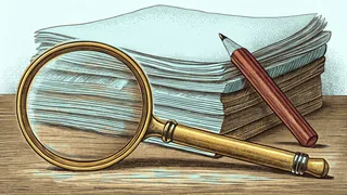 A pencil and a magnifying glass rest beside a stack of blank paper on a desk.