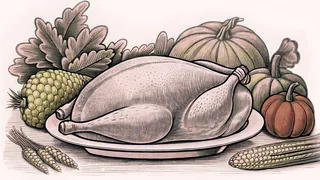 A roast turkey surrounded by harvest gourds and ears of corn on a table.