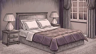 A comfortable bedroom with a bed, lamp, dresser, and warm furnishings.