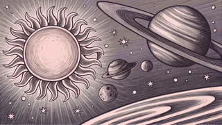 Planets and the sun arranged in the solar system with their orbits visible.