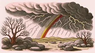 Weather phenomena ranging from storm clouds and lightning to rainbows and sunshine.