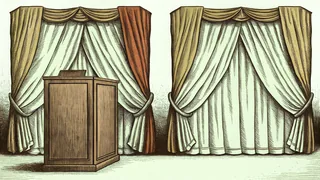 A sealed ballot box stands beside a curtained voting booth and a small lapel pin.