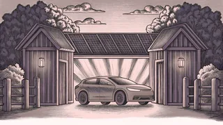 A sleek electric car charges at a modern station with illuminated indicators and rooftop panels.
