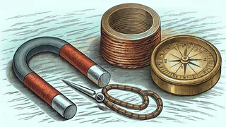 A horseshoe magnet pulls iron filings apart next to a small compass and a loop of copper wire.