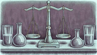 Plain glass beakers beside a brass balance scale on a laboratory bench.