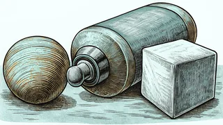 A squeezed tube of paint lies beside a polished wooden sphere and a coarse unfired clay cube.