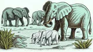 A family of African elephants splash and play in muddy water on the golden savanna