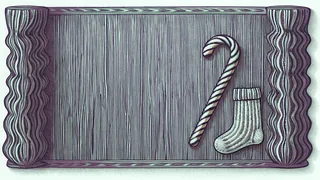 A striped candy cane beside a small knitted stocking.