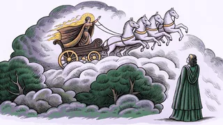 A fiery chariot rising through a whirlwind with ravens flying and an ancient prophet's robe.