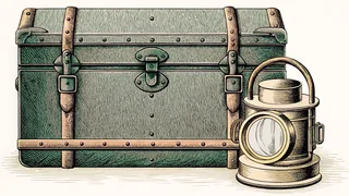 A weathered steamer trunk sits beside a brass inspection lamp at a harbor ferry dock.