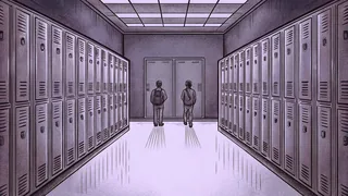 A school hallway stretches with student lockers lining both walls and bulletin boards displaying notices overhead.