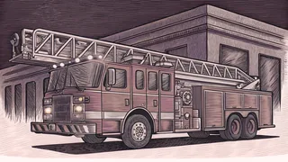A bright red fire truck stands ready with extended ladder and emergency lights flashing.