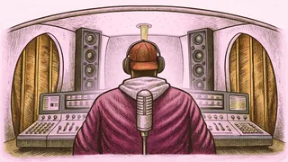A professional recording studio with a microphone and mixing equipment visible.