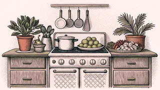 A well-stocked kitchen with appliances, cookware, and dining essentials.