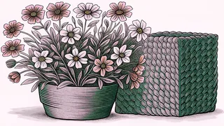 A bundle of fresh flowers fills a clay vase beside a woven basket.