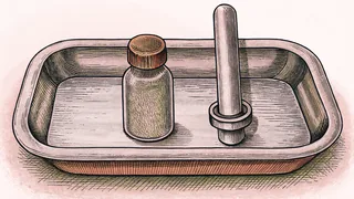 A slender glass rod and a small stoppered bottle resting on a polished tray.