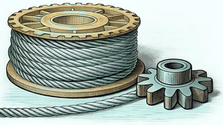 A large brass gear wheel with wire wound on a spool beside it, and a smaller sprocket in the foreground.
