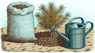 A pine seedling planted in a mound of seeds beside a watering can, with a full burlap sack standing alongside.