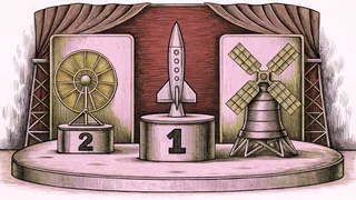 A miniature rocket model stands beside a propeller and satellite dish toy on a pedestal.