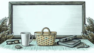 A coffee cup and a grocery basket sit beside a set of keys resting on a bench.