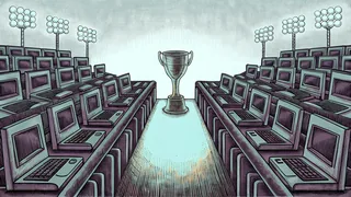 A competition hall of gaming desks and headsets beneath a raised trophy.