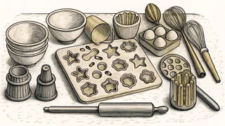 Baking equipment and tools arranged on a kitchen counter.