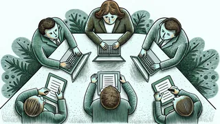 Professional team members working together in a modern office with business documents.