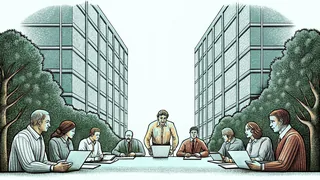 A diverse group of professionals collaborating at a modern office workspace table.