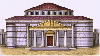 An Etruscan temple interior with divine figures depicted in stone reliefs and sacred vessels.