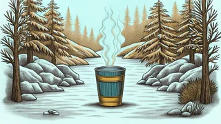 Hot water steams above melting ice cubes in a glass
