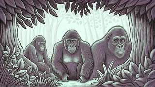 Primates gathered in a lush jungle with green vines and towering trees.