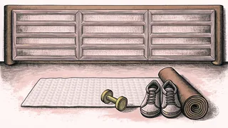 Fitness studio with exercise mats and training gear.
