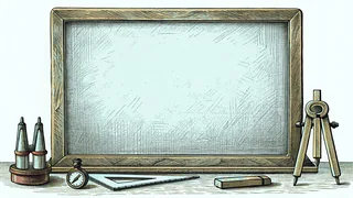 Blank chalkboard showing mathematical exponents and powers with scientific instruments arranged on a lab table.