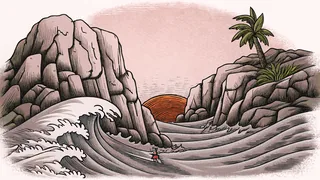 A surfer rides an ocean wave beside a rock climber on granite cliffs.