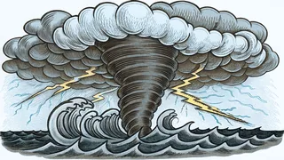 Extreme weather events including tornado, storm clouds, hail, lightning, storm surge.