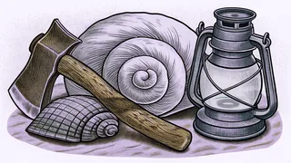 An axe with a wooden handle rests beside two spiral seashells and a metal kerosene lantern.