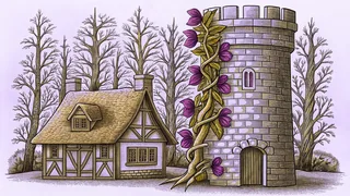A thatched cottage stands beside a beanstalk winding past a stone castle tower deep in a forest.
