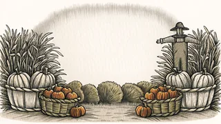 Scarecrow guarding autumn harvest with pumpkins and apples.