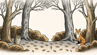 Woodland creatures among trees and golden leaves.